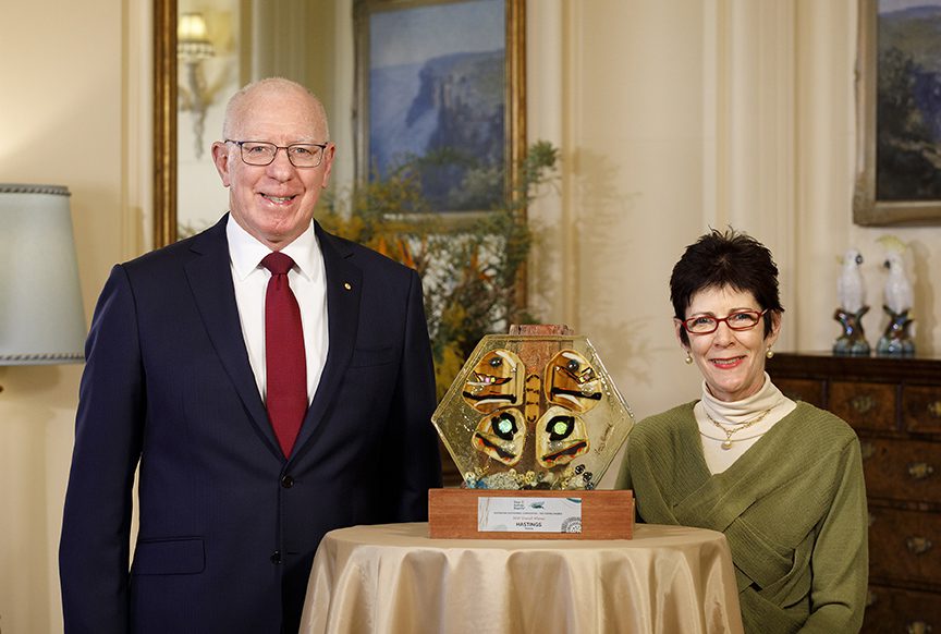 His Excellency, General the Honourable David Hurley AC DSC (Retd) and Her Excellency Mrs Linda Hurley with the 2021 Australian Sustainable Communities Tidy Towns Overall Winner Trophy presented to Hastings, Victoria His Excellency, General the Honourable David Hurley AC DSC (Retd) and Her Excellency Mrs Linda Hurley with the 2021 Australian Sustainable Communities Tidy Towns Overall Winner Trophy presented to Hastings, Victoria